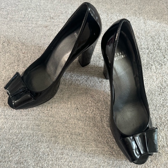 Stuart Weitzman peep toe black potent leather size 40 dress shoes - Picture 2 of 7